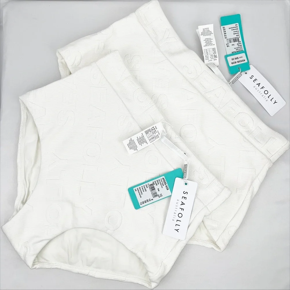 Seafolly White Your Type High Waisted Pant US Sz 8 or 12 w/logo jacquard fabric - Picture 2 of 12